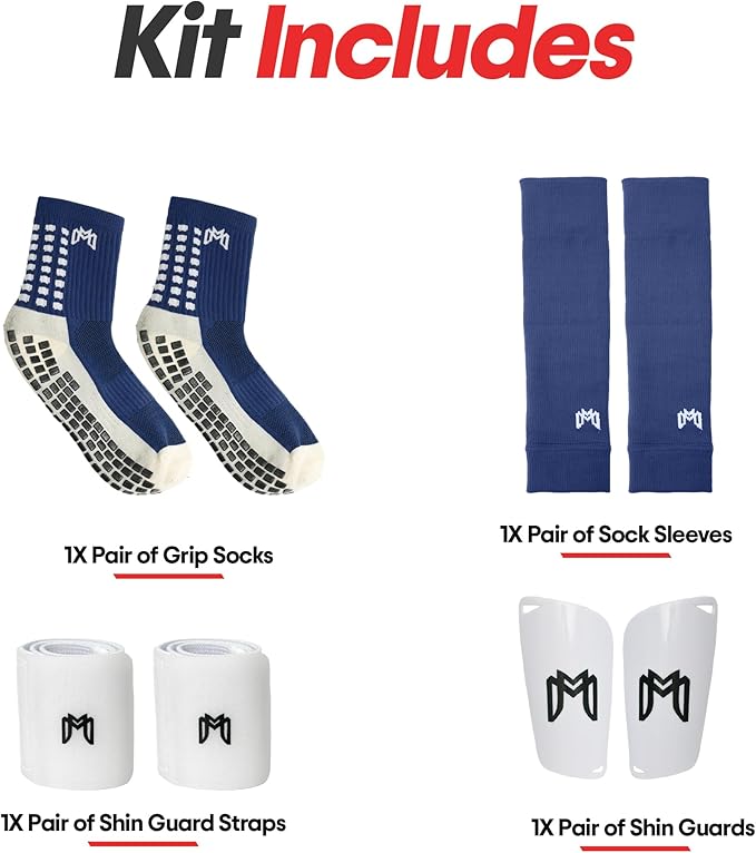 Soccer Grip Socks, Shin Guards, Pre Cut Sock Sleeves, and Guard Straps Bundle Pack - Essential Equipment for Soccer Players - for Mens, Women, Youth, Size 7 to 12 US Men Shoe Size