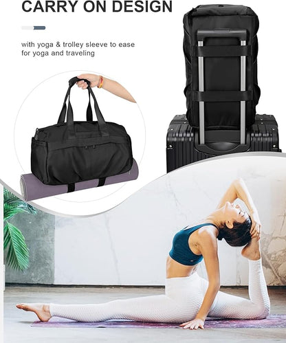 Gym Bag for Women Men, Sport Duffel Bag with Toiletry Bag & Shoe Compartment,Waterproof Travel Weekender Overnight Carry on Bag for Yoga with Trolley Sleeve, Black Set