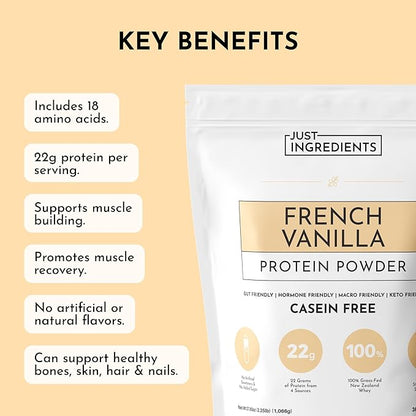 JUST INGREDIENTS French Vanilla Protein Powder ??30 Serving Bag ??Grass-Fed Whey & Plant Protein Blend with Real Vanilla Bean ??Sweetened with Coconut Sugar & Monk Fruit, Non-GMO, Gluten-Free