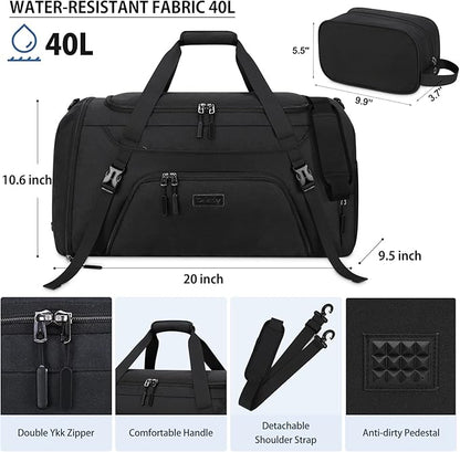 Gym Duffle Bag for Women Men 40L Waterproof Sports Travel Duffel Bags with Shoe Compartment,Wet Pocket Large Weekender Overnight with Toiletry Bag,Black