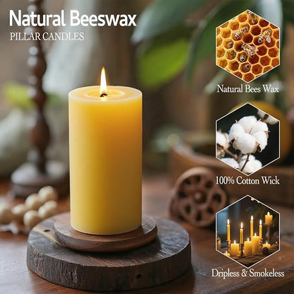 Natural Beeswax Candles Set of 6, Handmade Beeswax Pillar Candles Set, 6 Sizes, 100% Pure Unscented Bees Wax Candle, Honey Aroma Pillar Candles Bulk, for Calming, Relaxing, Air Purification