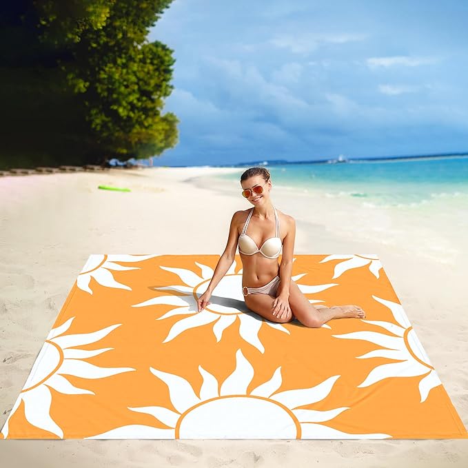 Large Beach Blanket Waterproof Sandproof, 9×10 FT Beach Mat Sand Free for 2-8 Adult with Stakes and Sand Pocket, Foldable Picnic Blankets for Outdoor, Camping Hiking, Vacation Essentials-Boho Sun Rise