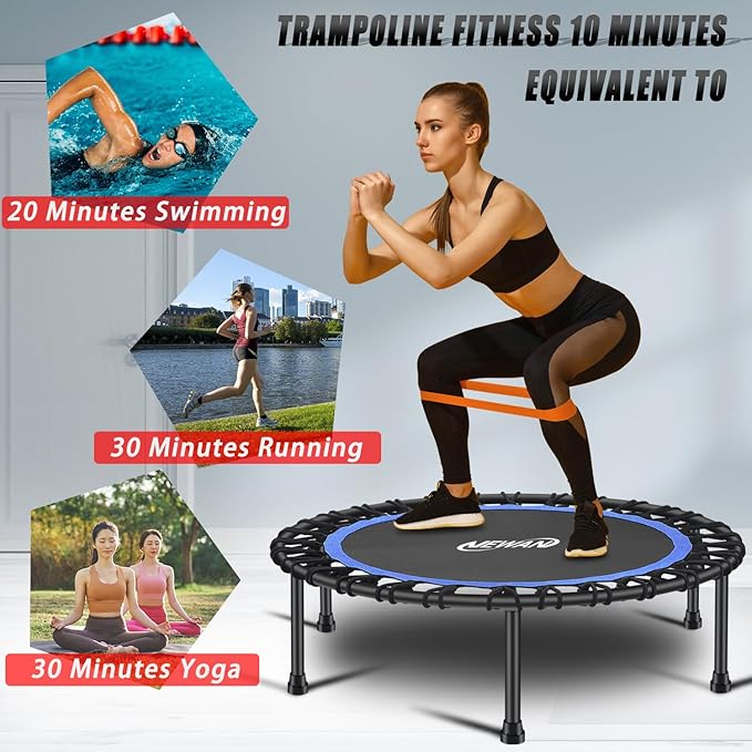 Newan 40"-48" Silent Mini Trampoline Fitness Trampoline Bungee Rebounder Jumping Cardio Trainer Workout for Adults-Max Limit 330lbs