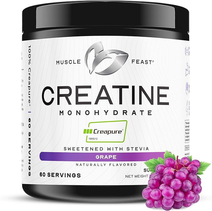 Muscle Feast Creapure Creatine Monohydrate Powder, Vegan Keto Friendly Gluten-Free Easy to Mix, Muscle Recovery Supplement, Trusted Creatine for Muscle Growth, Flavored Creatine, Natural Grape, 300g