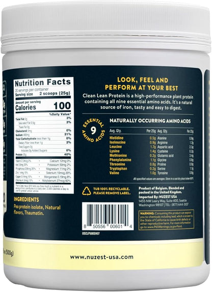 Nuzest - Pea Protein Powder - Clean Lean Protein, Premium Vegan Plant Based, Dairy Free, Gluten Free, GMO Free, Naturally Sweetened Protein Shake, Smooth Vanilla, 20 Servings, 1.1 lb