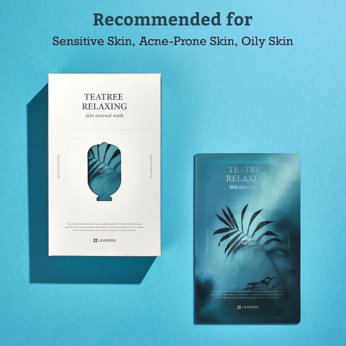 LEADERS Teatree Relaxing Skin Renewal Mask ??Soothes & Calms Sensitive, Acne-Prone Skin ??Controls Excess Oil & Reduces Redness ??Hydrating and Refreshing Sheet Mask for Oily Skin ??10 Sheets