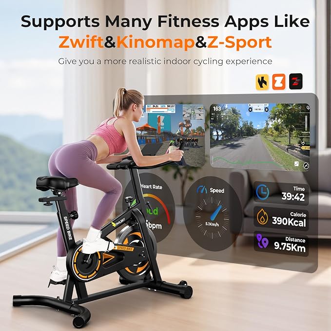 OWLSKY Exercise Bike with APP, Magnetic Resistance Indoor Cycling Bike, 300 lbs Capacity Quiet Stationary Bike for Home Gym Cardio Workout, Adjustable Seat & Tablet Holder