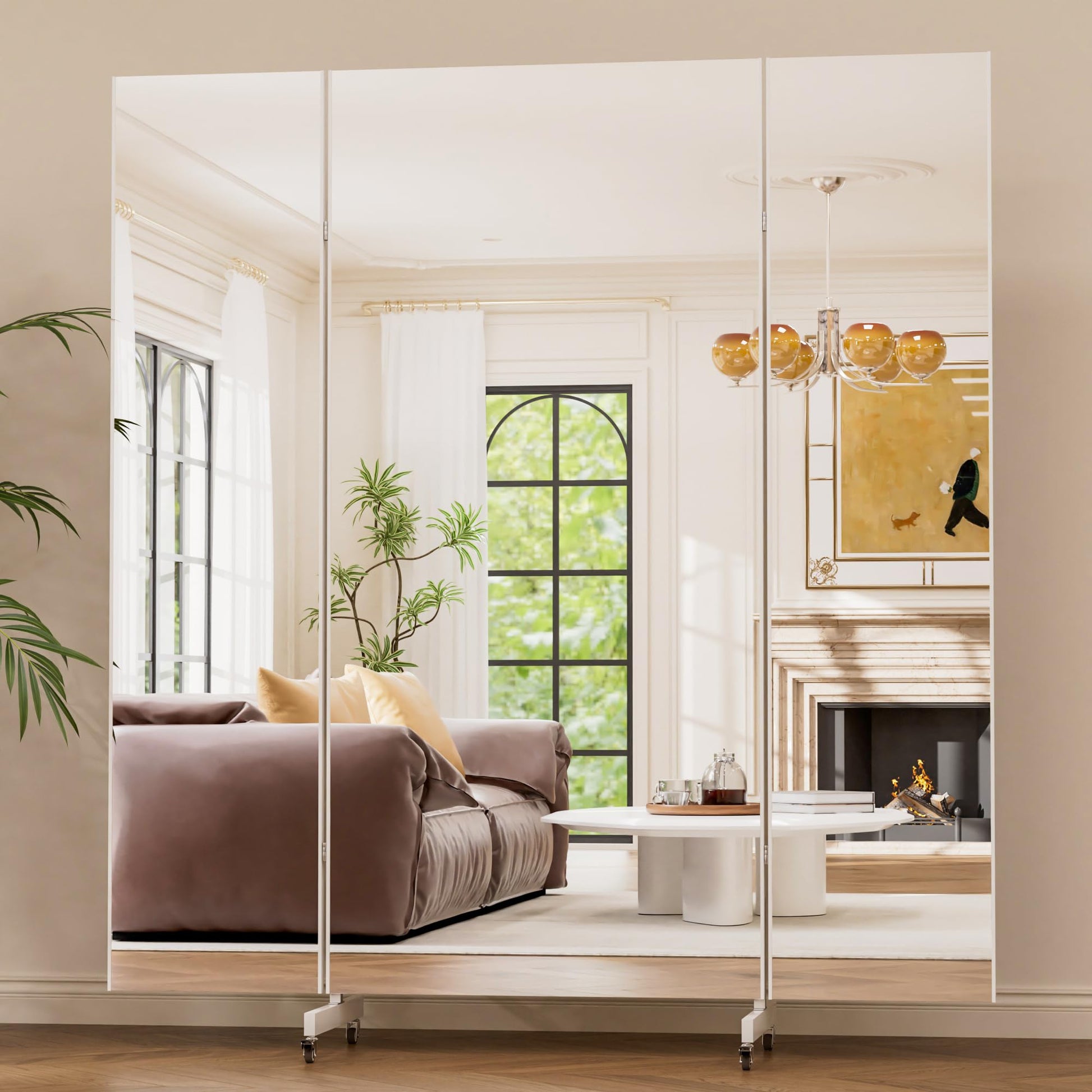 brisafe 67"x63" Folding Mirror with Wheels, 3-Panel Full Length Standing Mirror, Space-Saving