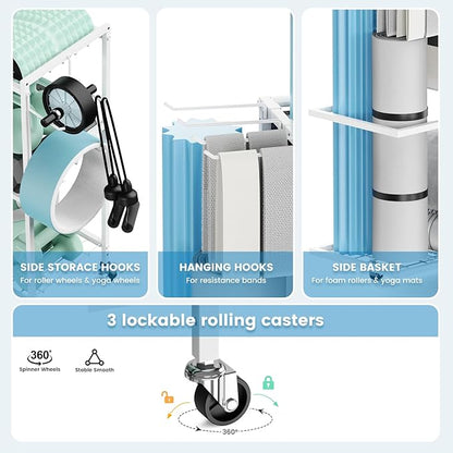 Yoga Mat Storage Rack，Home Gym Storage Rack Gym Workout Equipment Storage Organizer Fitness Weight Rack on Wheels for Yoga Mat,Yoga Block,Foam Roller,Resistance Band,Dumbbell,Kettlebell and Other Workout Accessories