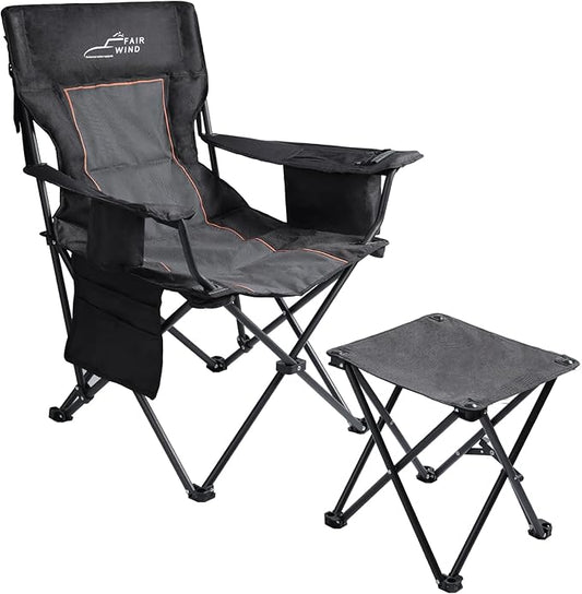 FAIR WIND Oversized Padded Camping Chair with Footrest Stool Set Heavy Duty Support 300 LBS Cooler