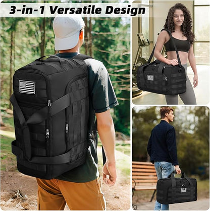 ZOMFELT Tactical Gym Bags for Men, 40L Travel Duffle Bag with Removable Dividers & Innovative Shoe Compartment, 3-in-1 Waterproof MOLLE Gym Duffel Backpack, Airplane Carry-On Approved, Black