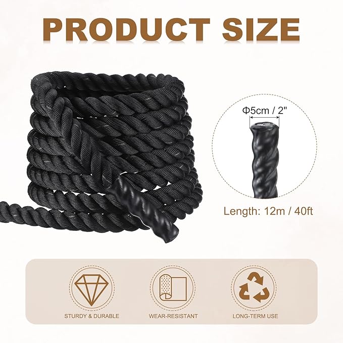 MECCANIXITY Battle Rope 40ft x 2 Inch Polyester Workout Rope Heavy Fitness Exercise Rope for Strength Training Home Gym Muscle Building, Black