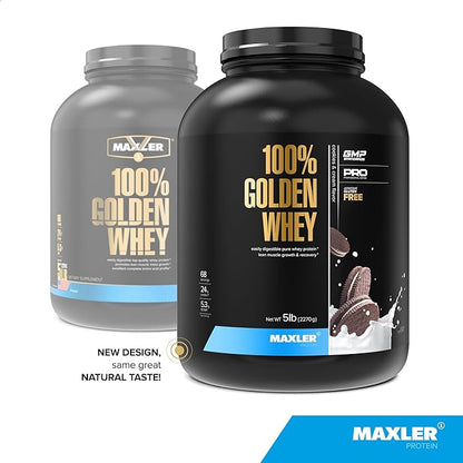 Maxler 100% Golden Whey Protein - 24g of Protein per Serving - Premium Whey Protein Powder for Pre Post Workout - Fast-Absorbing Whey Concentrate, Isolate & Hydrolysate Blend - Cookies & Cream 5 lb