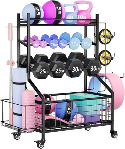 WUC Adjustable Dumbbell Rack, Weight Rack for Home Gym Storage, All-in-One Workout Equipment Storage with Wheels and Hooks for Dumbbells, Kettlebells, Yoga Mats & Balls, Durable Powder Coated Steel
