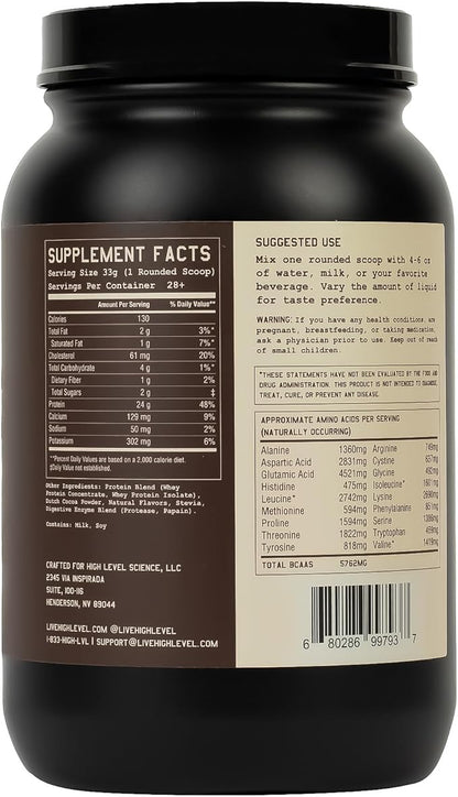 High Level Whey Protein Powder Stevia Sweetened, Natural Chocolate Shake, 24g Protein, Ultra Filtered Non-GMO, Digestive Enzymes, Gluten Free, ?‹白ç²? 2 lb, Whey Protein with Stevia