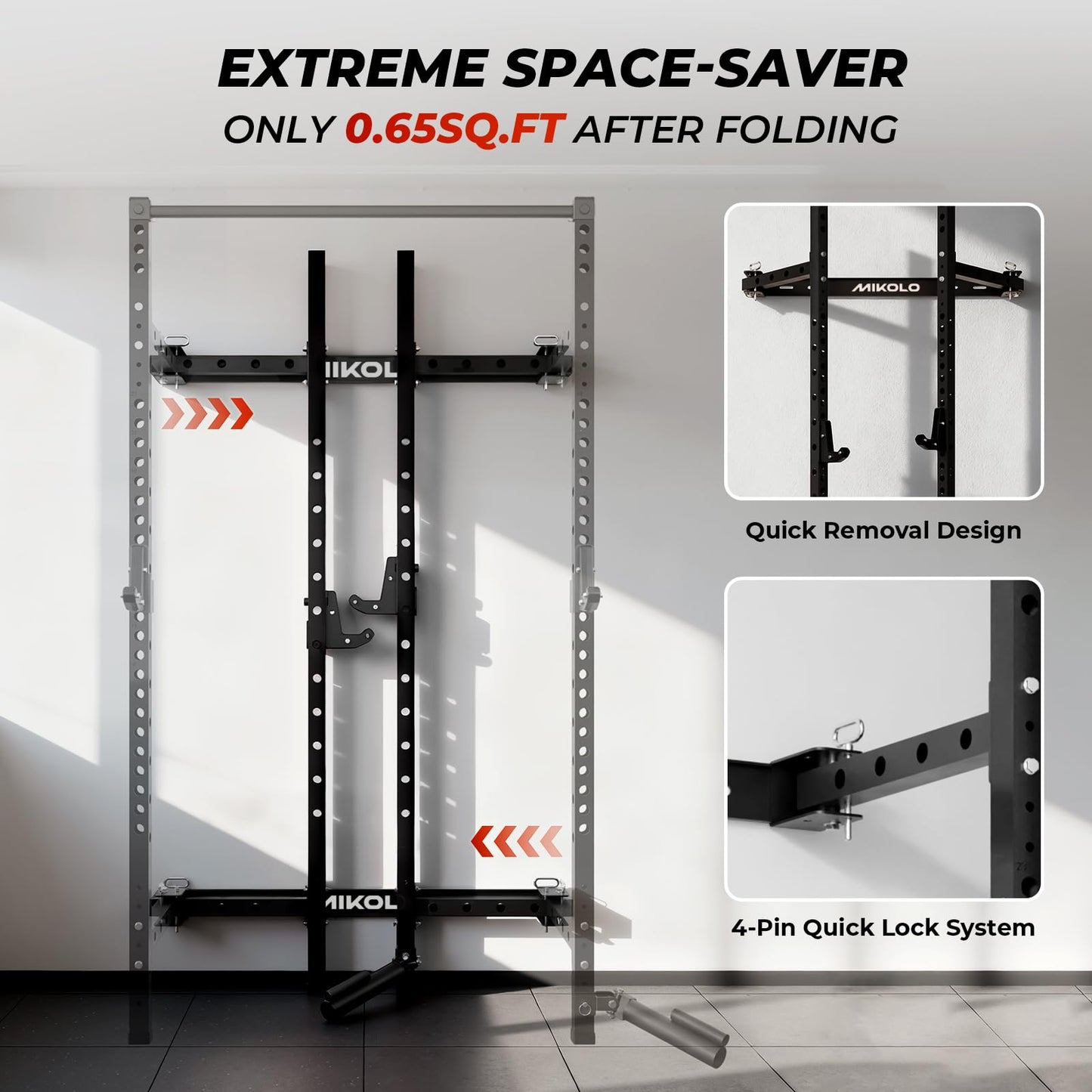 Mikolo 2" x 2" Folding Wall Mounted Squat Rack, 1000 Pounds Capacity Power Rack with Safety
