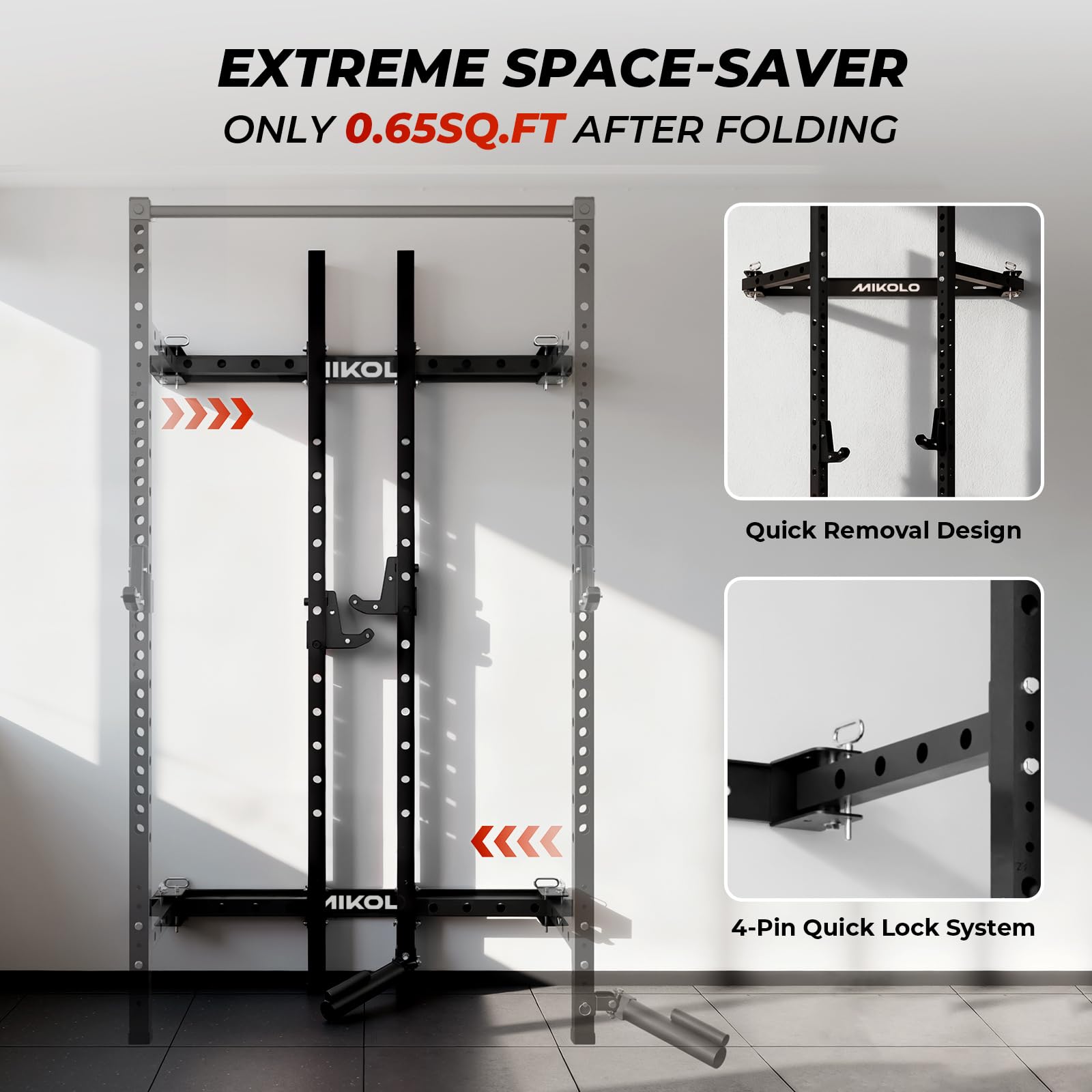 Mikolo 2" x 2" Folding Wall Mounted Squat Rack, 1000 Pounds Capacity Power Rack with Safety