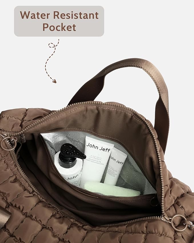 Quilted Duffel Bag for Women, Puffer Gym Duffle Bag with Shoe Compartment Lightweight Large Crossbody Sport Bag Travel Tote Brown