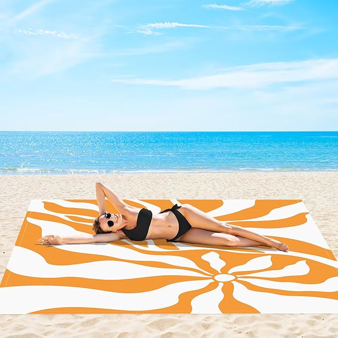 110''×118'' Waterproof Sandproof Beach Blanket 8 Adults, Sand Free Boho Sun Outdoor Beach Mat with 4 Stakes, Extra Large Compact Picnic Pockets Blanket Essential for Travel, Camping, Summer Vocation