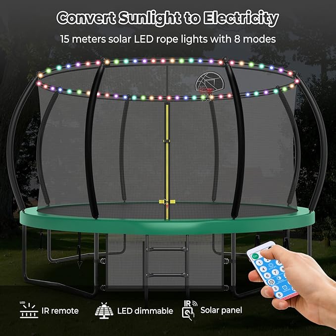 12 14 15 16FT Trampoline Outdoor with Basketball Hoop, Trampoline with Lights for Kids and Adults, Recreational Trampolin with Sprinkler, Stakes