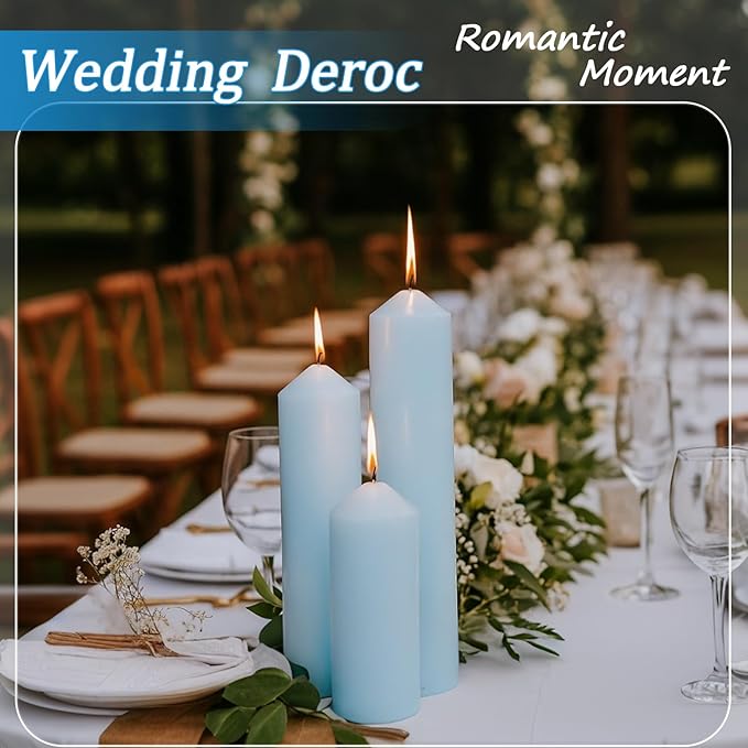 18 Pcs Blue Pillar Candles Bulk Set，Hurricane Candlesï¼? Different Lengths (6 Each)，Dripless Unscented Smokeless，Gives You a Better Atmosphere When Organizing Wedding or Event Party.