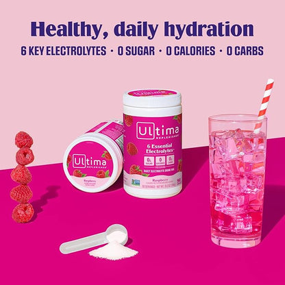 Ultima Replenisher Daily Electrolyte Powder Drink Mix ??Sugar Free ??Raspberry, 90 Servings ??Hydration Powder with 6 Key Electrolytes and Trace Minerals ??Keto Friendly, Vegan, Non-GMO