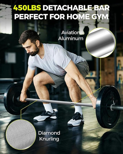 DASKING 4ft/4.9ft Barbell, 2-Inch Olympic Detachable Bar, Portable Strength Training Bar for Weightlifting, Squat, Bench Press, Home Gym, 450LBS, Includes Silent Collars