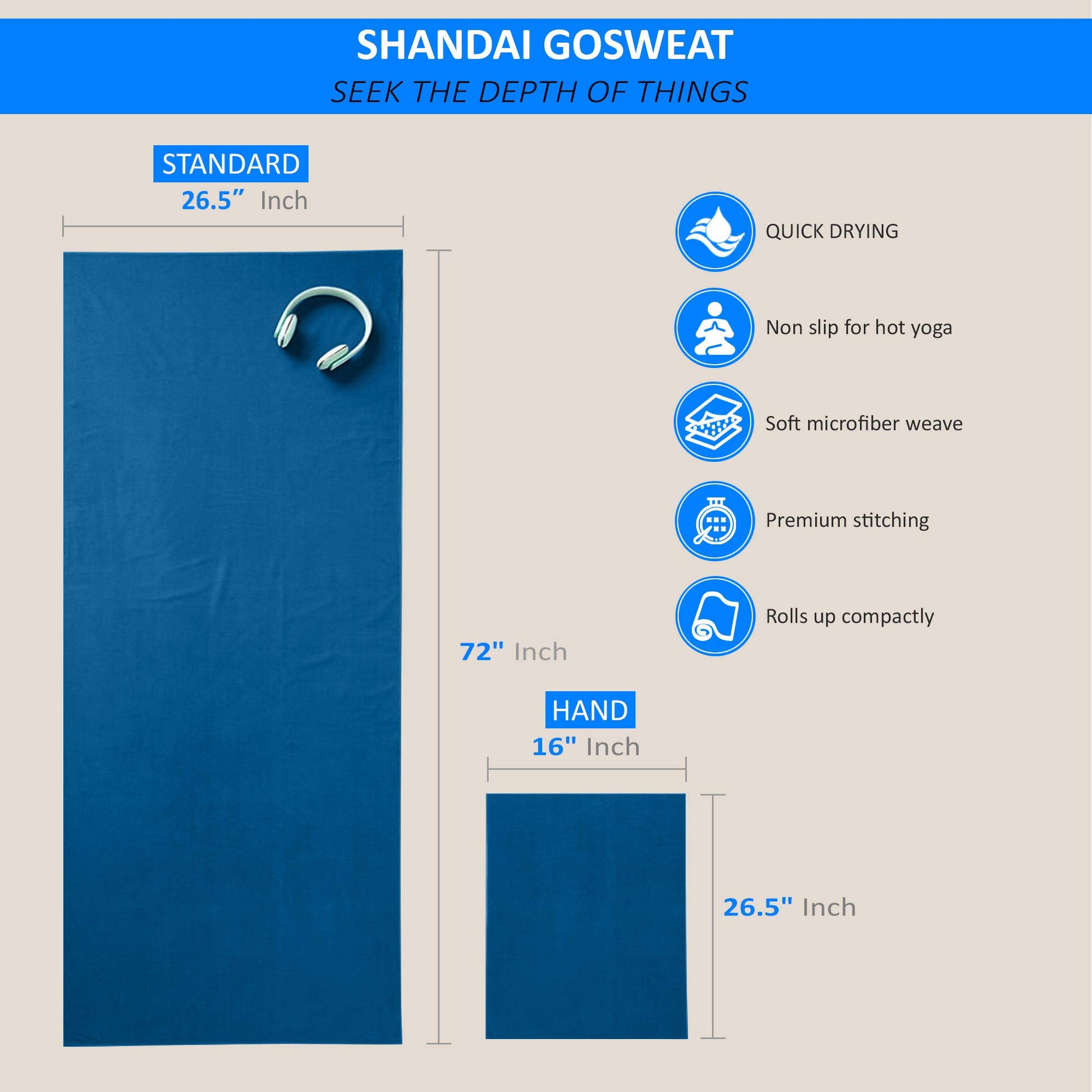 Shandali GoSweat Microfiber Hand Towel, Absorbent Suede Yoga Towel for Hot Yoga, Bikram, Pilates &