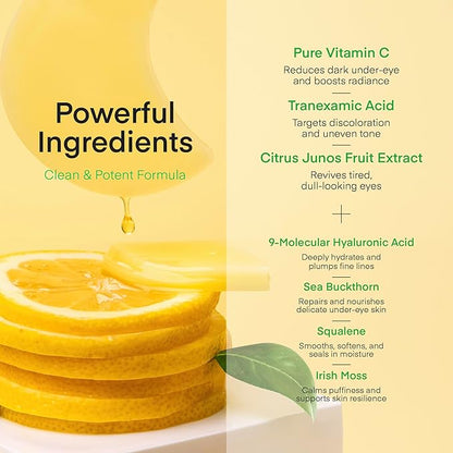 TEREZ & HONOR Vitamin C Eye Patches - 60 Pcs Korean Brightening & Hydrating Under Eye Masks with Tranexamic Acid, Caffeine, Hyaluronic Acid - Dark Circles, Puffiness & Wrinkles Hydrogel Treatment