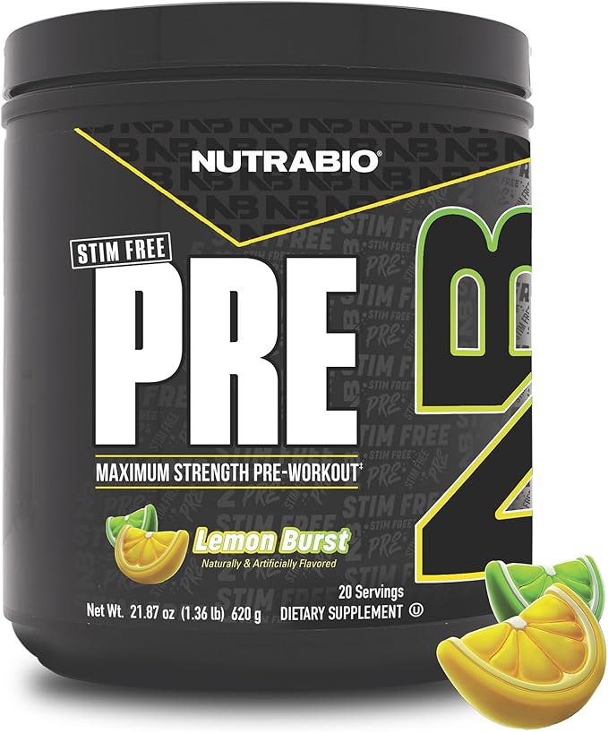 NutraBio STIM-Free PRE Workout for Men, New Formula | Laser Focus, Extreme Pumps | Performance, Endurance | 10g Citrulline, Beta Alanine, Nitrates, Nootropics, Electrolytes - 20 Servings Lemon Burst