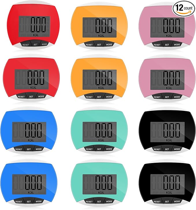 12 Pcs Simple Pedometer for Walking Bulk LCD Step Counter with Calories Burned Portable Step Tracker for Women Seniors Jogging Hiking Running Walking, 6 Colors