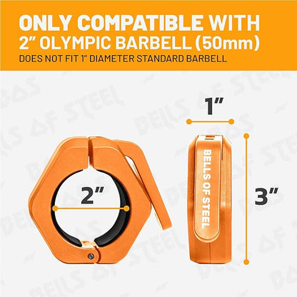 Magnetic Barbell Collars [Bells of Steel] Premium Weight Bar Clamps, Quick Release Barbell Clips, Olympic Barbell Clamps, Rubberized Gym Clips for Weightlifting Bar, Pair, Orange