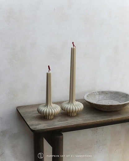 LAWA Set of 2 Pumpkin Base Candle - Beautiful Handmade Pillar Unscented Soy Wax Elegant Aesthetic Vase Candle Housewarming Gift Home Room Shelf Decor Idea Sandstone