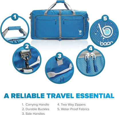 Bago Big XXL Foldable Duffel Bags for Traveling Women & Men - 140L Packable Duffle Bag for Travel with Shoe Compartment - Water Repellant, Heavy Duty, Lightweight Folding & Collapsible (Blue)