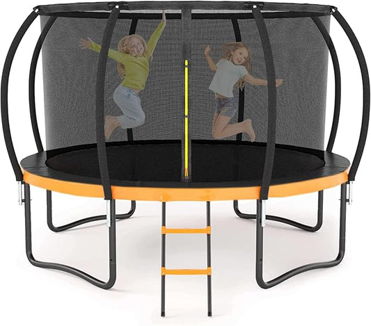 Trampoline 12FT 14FT 15FT 16FT for Kids/Adults - Outdoor Recreational with Enclosure Net Curved Poles and Ladder, Heavy Duty Anti-Rust Coating, ASTM Approval