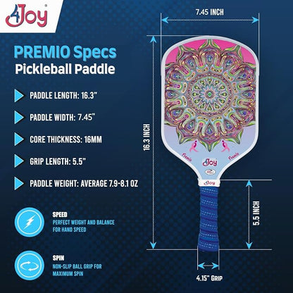 4Joy Pickleball Paddle Premio Series - Thermoformed Premium T700 Carbon Fiber Pickleball Paddless - Professional Pickleball Rackets for Women & Men - 16mm Honeycomb Core - USAP Approved