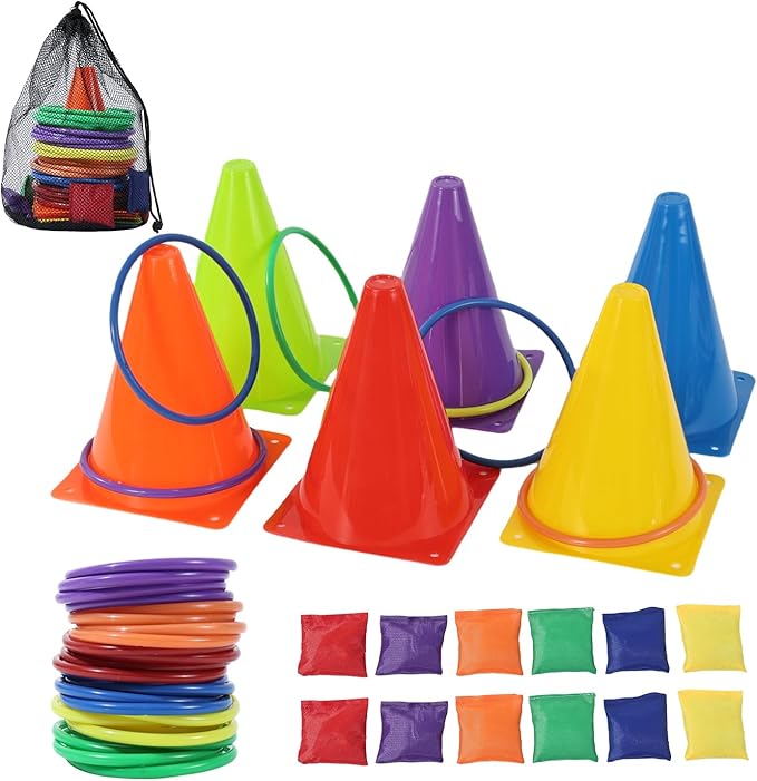 42 pcs 3-in-1 Carnival Games Set Plastic Colorful Cones Ring Toss Combo Set Outdoor Carnival Games Bean Bag for Kids Adults Birthday Party Outdoor Throwing Games