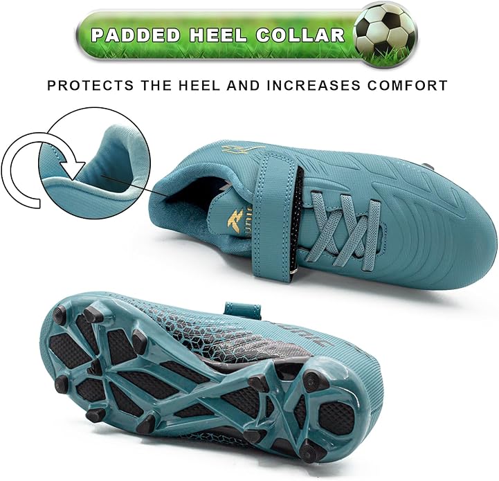 RUNIC Kids Soccer Cleats for Boys and Girls - Small and Big Kid Athletic Outdoor Football Shoes - Firm Ground - Hook and Loop Closure - Black/Gold