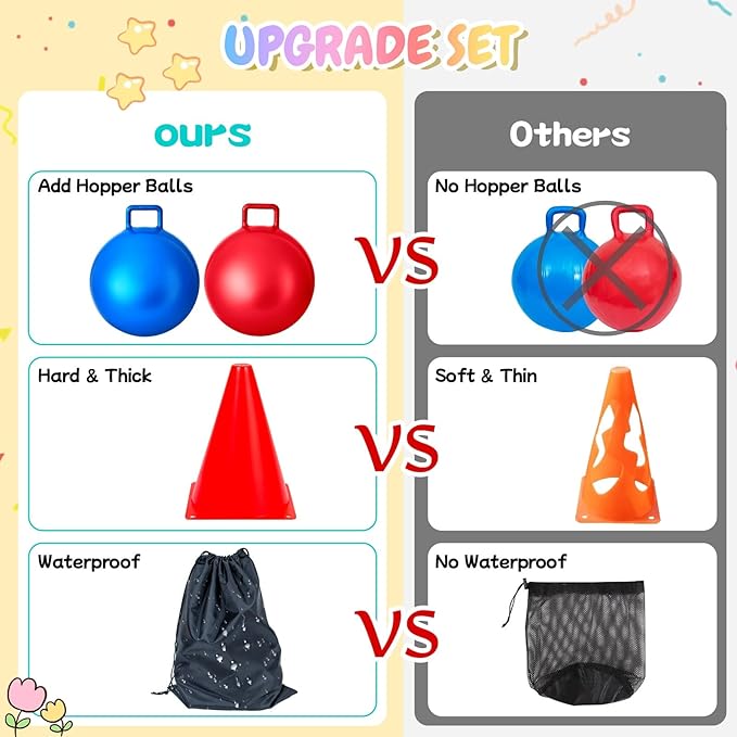 35PCS 4 in 1 Carnival Outdoor Games Combo Set for Kids, Soft Plastic Cones Bean Bags Ring Toss Game, Activity Agility Set with 2 PCS 18" Hopper Balls, Birthday Party Yard Lawn Games