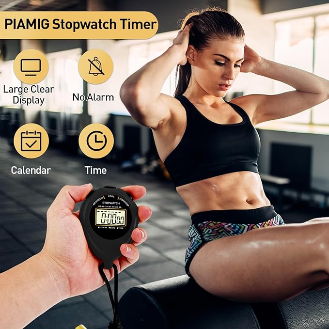 Stopwatch Sport Timer, 2 Pack Large Display Digital Stopwatch Timer with Date Time, No Alarm Silent Easy to Set Stopwatches for Sports, Coaches, Kids, Swimming and Running (Black)