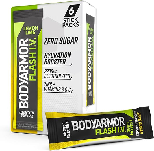 BODYARMOR Flash IV Electrolyte Packets, Lemon Lime - Zero Sugar Drink Mix, Single Serve Packs