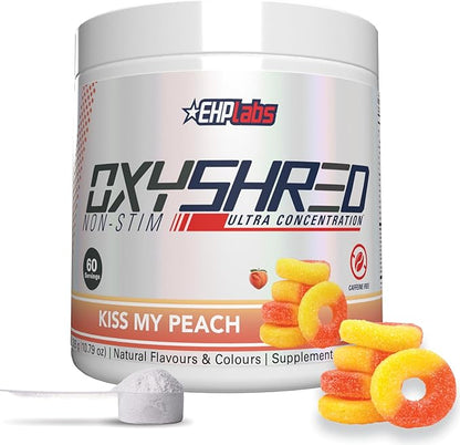 EHP Labs OxyShred Non Stimulant Pre Workout Powder - Stim Free Pre Workout, Caffeine Free Preworkout for Men & Women with L Glutamine & Acetyl L Carnitine - Peach, 60 Servings
