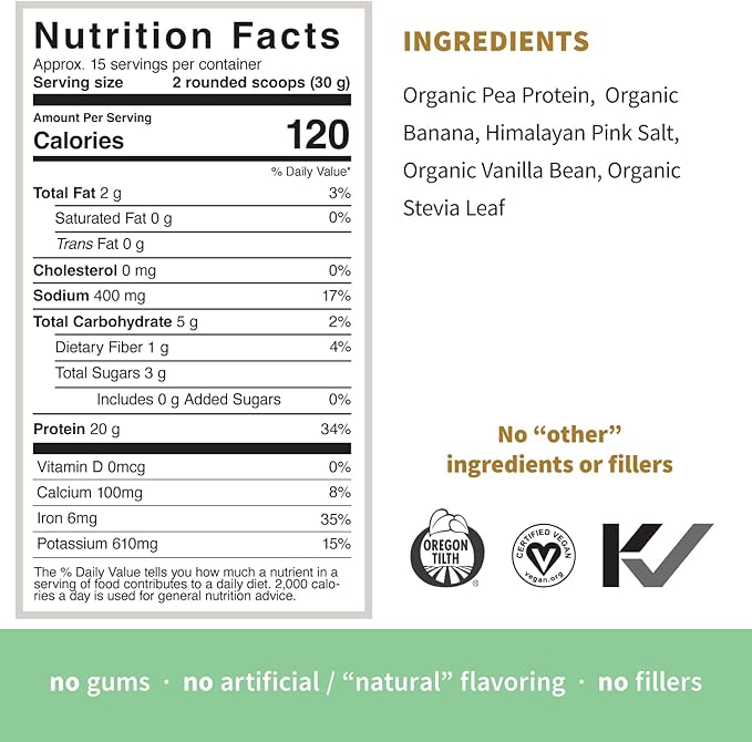 Sprout Living Organic Pea Protein Powder, Vanilla Flavor, 20 Grams of Plant Based Organic Protein Powder Without Sweeteners, Non Dairy, Non-GMO, Dairy Free, Vegan, Gluten Free (1 Pound, 15 Servings)