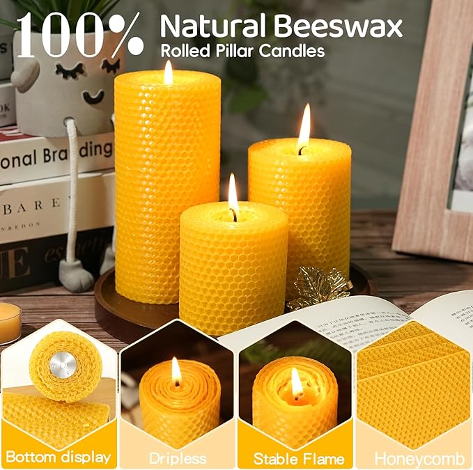 3 Pack Natural Beeswax Pillar Candles,2.8x6in Handmade Beeswax Rolled Candles,129 Hours Long Burning Honeycomb Bees Wax Candle for Gift & Home Decor,Dripless Smokeless Unscented