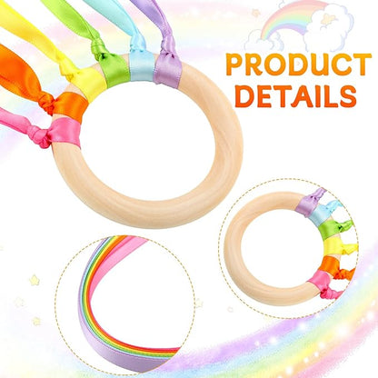 12 Pcs Rainbow Ribbon Wooden Waldorf Toys Creative Waldorf Hand Kite Set Streamers with Wood Ring Sensory Learning Educational Toy for Playroom Dancing Birthday (Fresh Color)