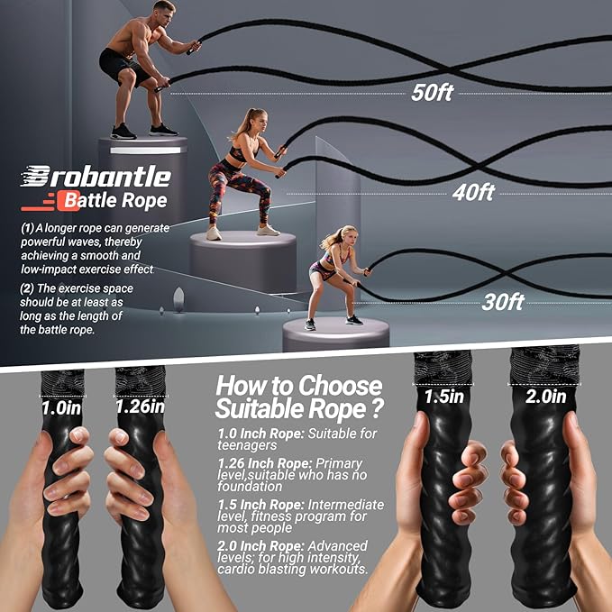 Battle Rope 1/1.26/1.5/2 Inch Diameter,Pink 30FT/40FT/50FT Exercise Workout Ropes for Home Gym Heavy Weighted Training Rope for Working Out