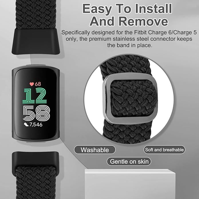 Braided Band Compatible with Fitbit Charge 6/Fitbit Charge 5, Soft Nylon Solo Loop Adjustable Replacement Wristband for Women Men
