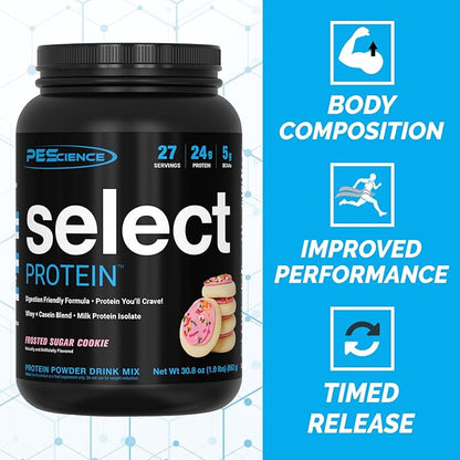 PEScience Select Protein Powder, Whey and Casein Blend, Clean Protein Powder for Women and Men, Low Calorie, Low Carb, Keto Friendly, Gluten Free - Frosted Sugar Cookie - 27 Servings