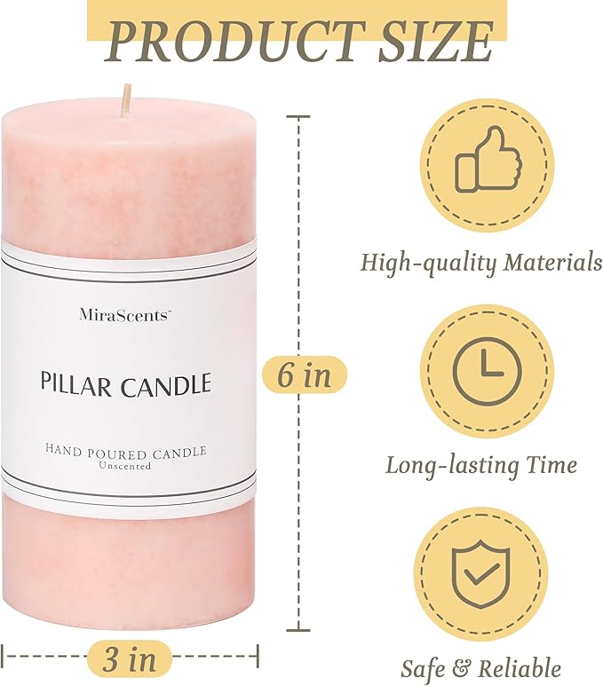3x6 inch Pink Pillar Candles Set of 3, Unscented Pillar Candle, Dripless and Smokeless Large Candles, Candle for Home Decor, Dinner Table,Weddings, Holidays