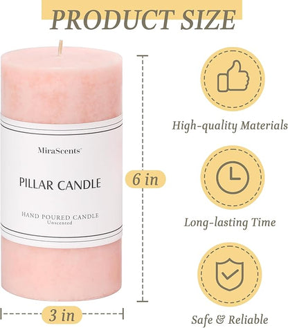 3x6 inch Pink Pillar Candles Set of 3, Unscented Pillar Candle, Dripless and Smokeless Large Candles, Candle for Home Decor, Dinner Table,Weddings, Holidays